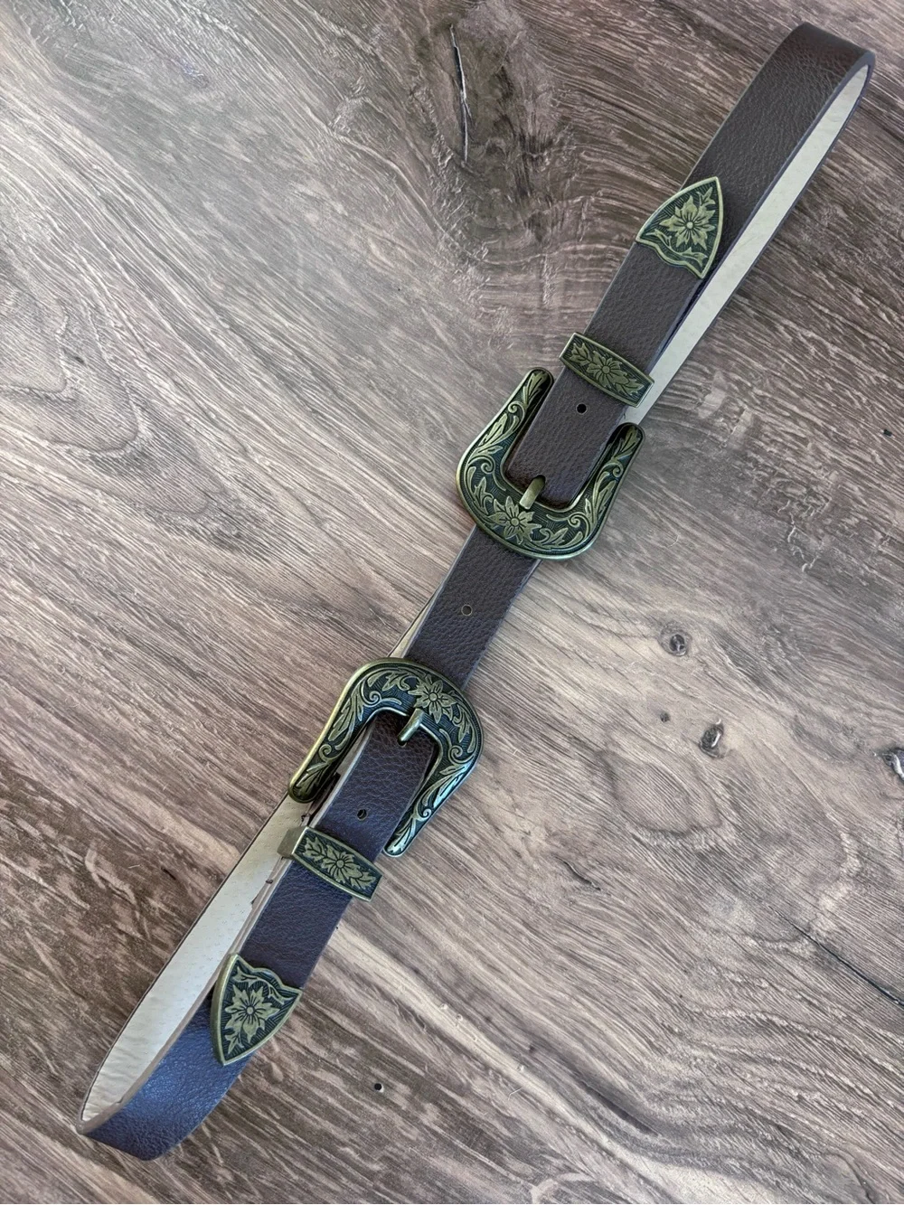 Western Double Buckle Belt Brown Floral Engraved Concho Size M